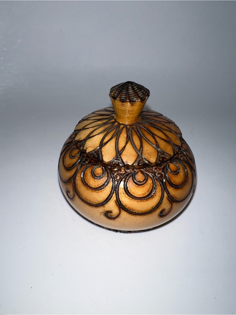 Decorative Carved Wooden Trinket Box in Honey Brown